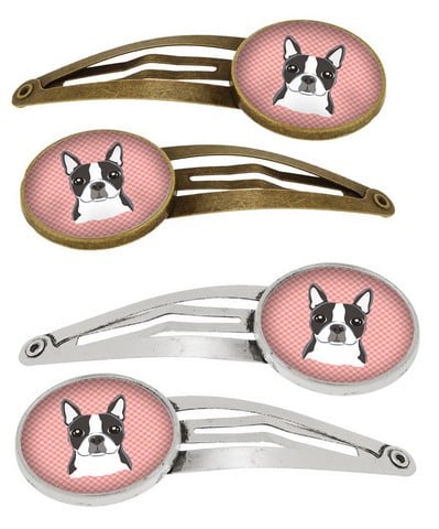 Picture of Carolines Treasures BB1203HCS4 Checkerboard Pink Boston Terrier Barrettes Hair Clips, Set of 4