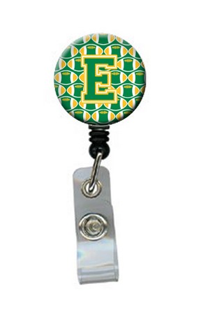 CJ1069-EBR Letter E Football Green & Gold Retractable Badge Reel