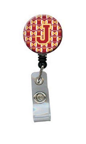 Letter J Football Cardinal & Gold Retractable Badge Reel - Cardinal & Gold - 5in. H x 1in. W x 2in. L