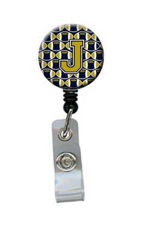 Letter J Football Blue & Gold Retractable Badge Reel - Blue & Gold - 5in. H x 1in. W x 2in. L