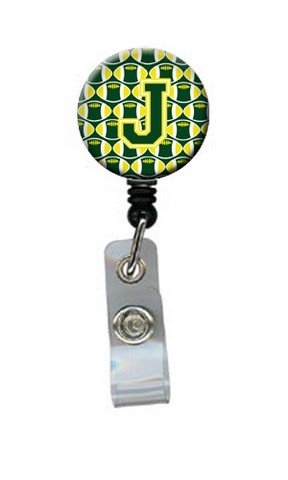Letter J Football Green & Yellow Retractable Badge Reel - Green & Yellow - 5in. H x 1in. W x 2in. L