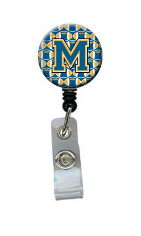 CJ1077-MBR Letter M Football Blue & Gold Retractable Badge Reel, 5 x 1 x 2 in.