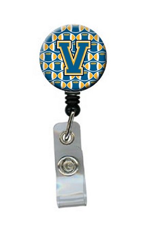 CJ1077-VBR Letter V Football Blue & Gold Retractable Badge Reel, 5 x 1 x 2 in.