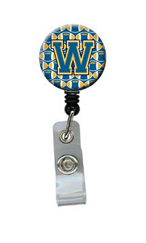 CJ1077-WBR Letter W Football Blue & Gold Retractable Badge Reel, 5 x 1 x 2 in.