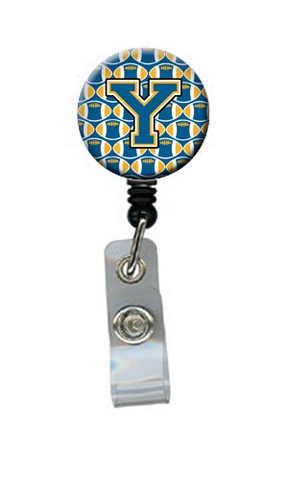 CJ1077-YBR Letter Y Football Blue & Gold Retractable Badge Reel, 5 x 1 x 2 in.
