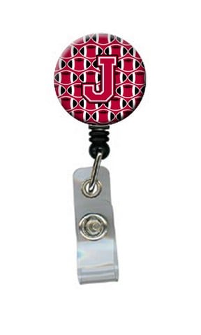 Letter J Football Crimson & White Retractable Badge Reel - Crimson & White - 5in. H x 1in. W x 2in. L