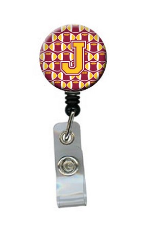 Letter J Football Maroon & Gold Retractable Badge Reel - Maroon & Gold - 5in. H x 1in. W x 2in. L