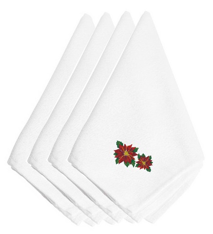 Picture of Carolines Treasures EMBT2406NPKE Christmas Two Poinsettias Embroidered Napkins, Set of 4