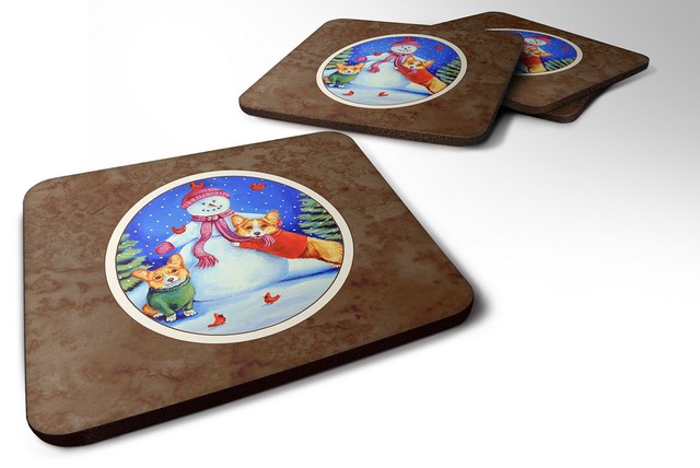 Picture of Carolines Treasures 7048FC Snowman with Corgi Foam Coaster, Set of 4