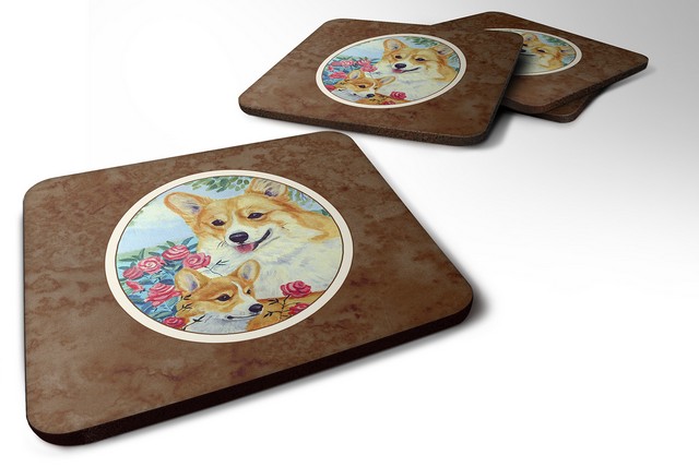 Picture of Carolines Treasures 7084FC Corgi Momma Loves Roses Foam Coaster, Set of 4