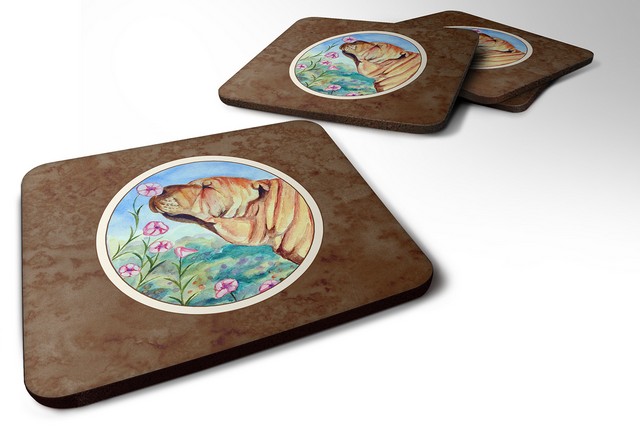Picture of Carolines Treasures 7105FC Shar Pei Smell the Flowers Foam Coaster, Set of 4