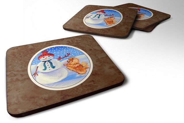 Picture of Carolines Treasures 7151FC Snowman with Pomeranian Winter Snowman Foam Coaster, Set of 4