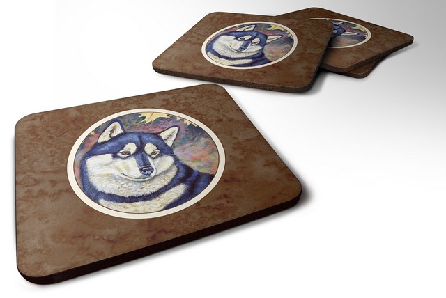 Picture of Carolines Treasures 7173FC Fall Leaves Siberian Husky Foam Coaster, Set of 4