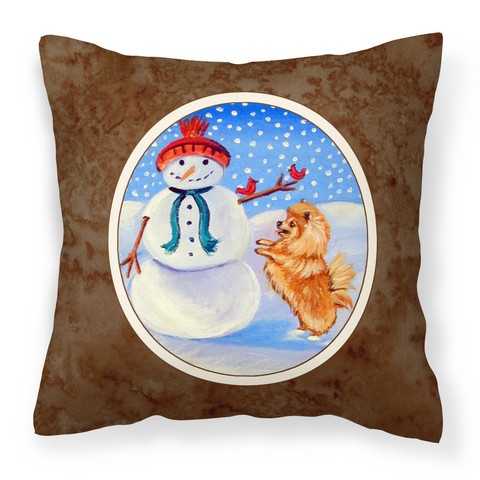 Snowman with Pomeranian Winter Snowman Fabric Decorative Pillow