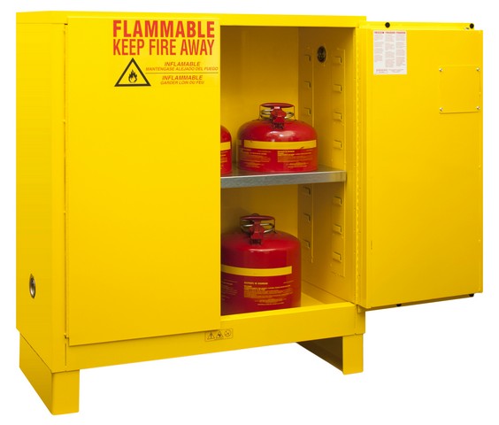 Picture of Durham 1030ML-50 16 gauge Welded Flammable Manual Closing Safety Manual Door Cabinet with Legs & 1 Shelf, Yellow - 30 gal