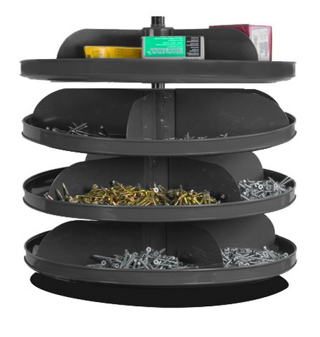 Flat-Bottom Revolving Open Bin Storage Unit, 17 in Dia x 17.375 in H, 16 Compartments, Gray, Steel