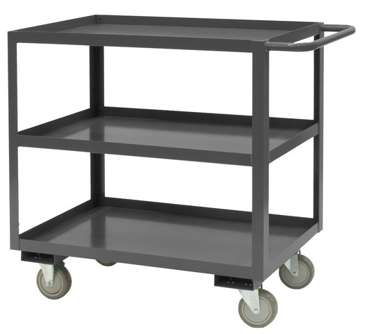 14 Gauge Tubular Push Handled Rolling Service Cart with 3 Shelves & Lips Up, Gray - 36 x 18 x 35 in.