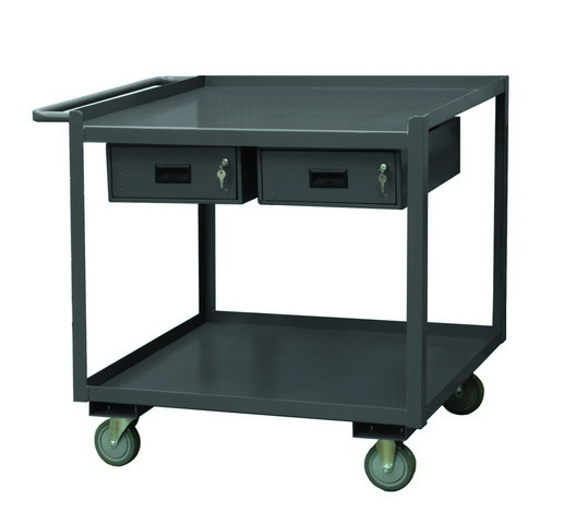14 Gauge Tubular Push Handled Rolling Service Cart with 2 Shelves & 2 Drawers & 1.63 in. Lips Up - Gray