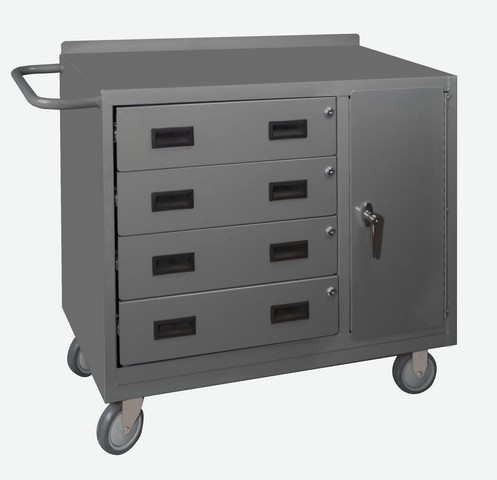 Picture of Durham 2211-95 16 Gauge Tubular Push Handled Lockable Cart with 3 Shelves & 4 Drawers, Lips Up, Gray - 36 x 18 x 38.38