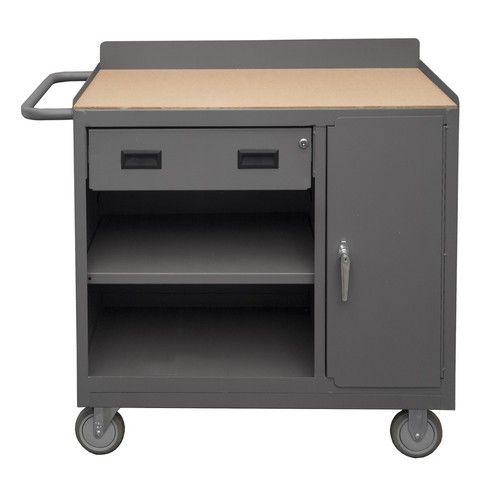 Picture of Durham 2212A-TH-LU-95 36 in. 16 Gauge Lockable Mobile Bench Cart with 3 Shelves & 4 Drawers Tempered Hardwood, Gray