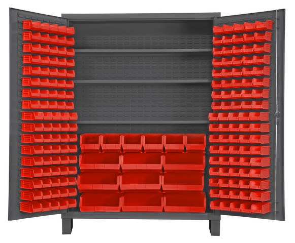 Picture of Durham SSC-185-3S-1795 14 Gauge Flush Style Lockable Double Door Storage Cabinet with 185 Red Hook on Bins & 3 Adjustable Shelves, Gray - 60 in.