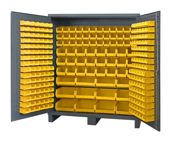 14 Gauge Flush Style Lockable Double Door Storage Cabinet with 264 Yellow Hook on Bins, Gray - 72 in.