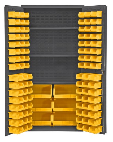 Picture of Durham 2501-BDLP-102-3S-95 36 in. 16 Gauge Flush Door Style Lockable Cabinets with 102 Yellow Hook on Bins & 3 Adjustable Shelves, Gray