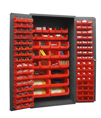 Picture of Durham 2501-BDLP-126-1795 36 in. 16 Gauge Flush Door Style Lockable Cabinet with 126 Red Hook on Bins, Gray