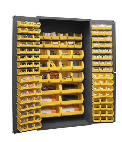 Picture of Durham 2501-BDLP-126-95 36 in. 16 Gauge Flush Door Style Lockable Cabinet with 126 Yellow Hook on Bins, Gray