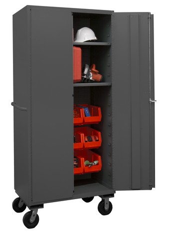 Picture of Durham 2501M-BLP-12-2S-1795 36 in. 16 Gauge Flush Door Style Lockable Mobile Cabinet with 12 Red Hook on Bins & 2 Adjustable Shelves, Gray