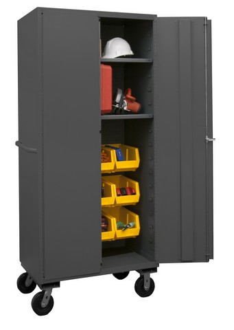 Picture of Durham 2501M-BLP-12-2S-95 36 in. 16 Gauge Flush Door Style Lockable Mobile Cabinet with 12 Yellow Hook on Bins & 2 Adjustable Shelves, Gray