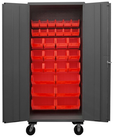 Picture of Durham 2501M-BLP-30-1795 36 in. 16 Gauge Flush Door Style Lockable Mobile Cabinet with 30 Red Hook on Bins, Gray