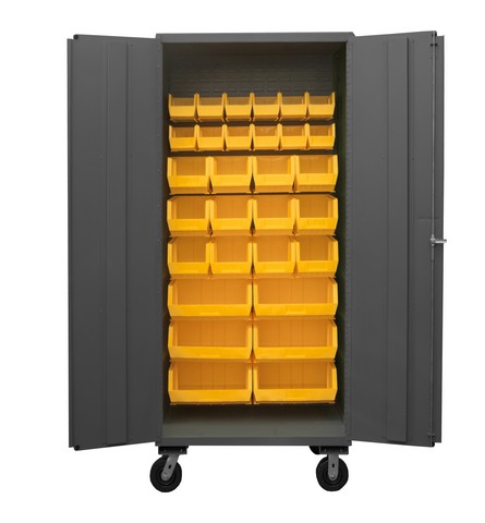 Picture of Durham 2501M-BLP-30-95 36 in. 16 Gauge Flush Door Style Lockable Mobile Storage Cabinet with 30 Yellow Hook on Bins, Gray
