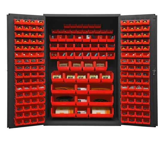 Picture of Durham 2502-186-1795 48 in. 16 Gauge Flush Door Style Lockable Storage Cabinets with 186 Red Hook on Bins, Gray