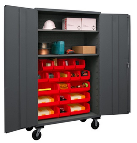 Picture of Durham 2502M-BLP-18-2S-1795 48 in. 16 Gauge Flush Door Style Lockable Mobile Storage Cabinet with 18 Red Hook on Bins & 2 Adjustable Shelves, Gray