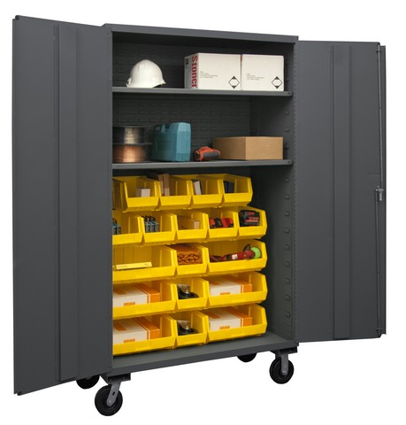 Picture of Durham 2502M-BLP-18-2S-95 48 in. 16 Gauge Flush Door Style Lockable Mobile Storage Cabinet with 18 Yellow Hook on Bins & 2 Adjustable Shelves, Gray