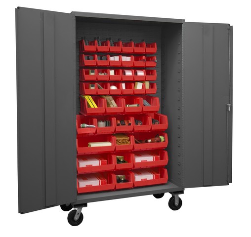 Picture of Durham 2502M-BLP-42-1795 48 in. 16 Gauge Flush Door Style Lockable Mobile Storage Cabinet with 42 Red Hook on Bins, Gray