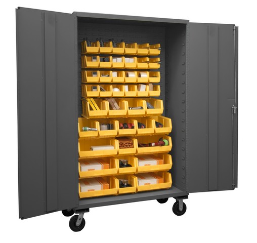 Picture of Durham 2502M-BLP-42-95 48 in. 16 Gauge Flush Door Style Lockable Mobile Storage Cabinet with 42 Yellow Hook on Bins, Gray