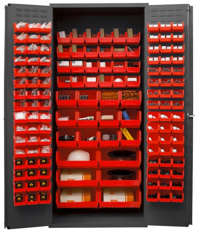 Picture of Durham 3500-138B-1795 14 Gauge Flush Door Style Heavy Duty Lockable Cabinet with 138 Red Hook on Bins, Gray - 36 in.
