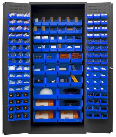 Picture of Durham 3500-138B-5295 14 Gauge Flush Door Style Heavy Duty Lockable Cabinet with 138 Blue Hook on Bins, Gray - 36 in.