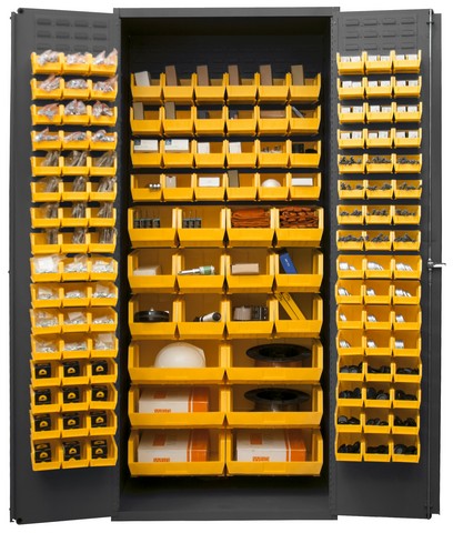 Picture of Durham 3500-138B-95 14 Gauge Flush Door Style Heavy Duty Lockable Cabinet with 138 Yellow Hook on Bins, Gray - 36 in.