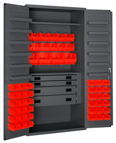 Picture of Durham 3501524RDR-1795 14 Gauge 12 Door Shelves Lockable Cabinet with 52 Red Hook on Bins & 4 Drawers, Gray - 36 in.