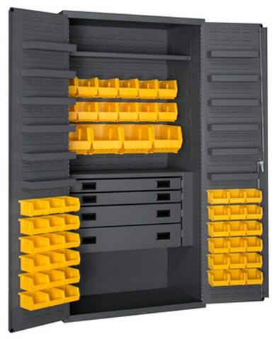 Picture of Durham 3501524RDR-95 14 Gauge 12 Door Shelves Lockable Cabinet with 52 Yellow Hook on Bins & 4 Drawers, Gray - 36 in.