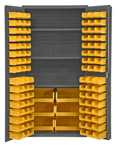 Picture of Durham 3501-BDLP-102-3S-95 14 Gauge Flush Door Style Lockable Cabinet with 102 Yellow Hook on Bins & 3 Adjustable Shelves, Gray - 36 in.