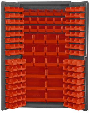 Picture of Durham 3501-BDLP-132-1795 14 Gauge Flush Door Style Lockable Cabinet with 132 Red Hook on Bins, Gray - 36 in.