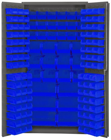 Picture of Durham 3501-BDLP-132-5295 14 Gauge Flush Door Style Lockable Cabinet with 132 Blue Hook on Bins, Gray - 36 x 24 x 72 in.