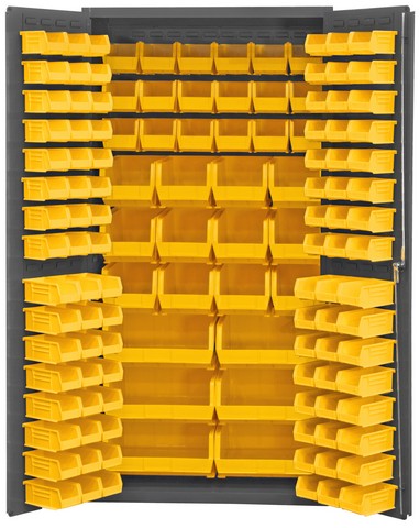 Picture of Durham 3501-BDLP-132-95 14 Gauge Flush Door Style Lockable Cabinet with 132 Yellow Hook on Bins, Gray - 36 x 24 x 72 in.