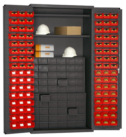 Picture of Durham 3501-DLP-60DR11-96-2S1795 14 Gauge Flush Door Style Lockable Cabinet with 96 Red Hook on Bins & 2 Adjustable Shelves & 60 Drawer, Gray - 36 in.