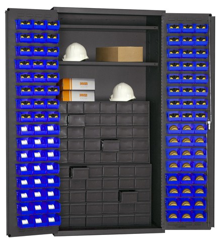 Picture of Durham 3501-DLP-60DR11-96-2S5295 14 Gauge Flush Door Style Lockable Cabinet with 96 Blue Hook on Bins & 2 Adjustable Shelves & 60 Drawer, Gray - 36 in.