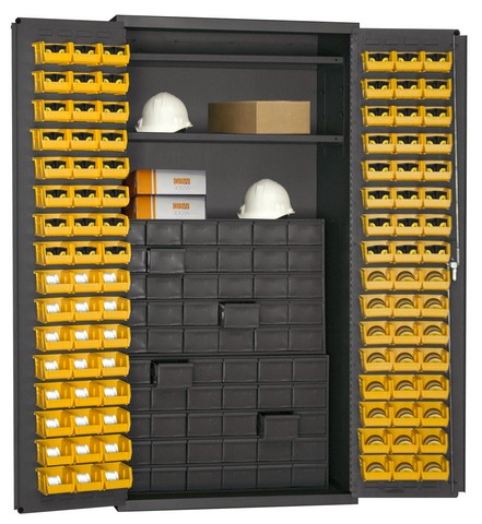 Picture of Durham 3501-DLP-60DR11-96-2S-95 14 Gauge Flush Door Style Lockable Cabinet with 96 Yellow Hook on Bins & 2 Adjustable Shelves & 60 Drawer, Gray - 36 in.